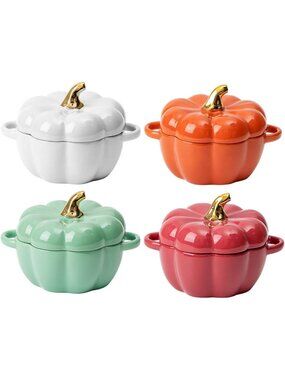 Set of 4 Ceramic Pumpkin Bowls with Lids & Handles - Oven Safe Ramekins for